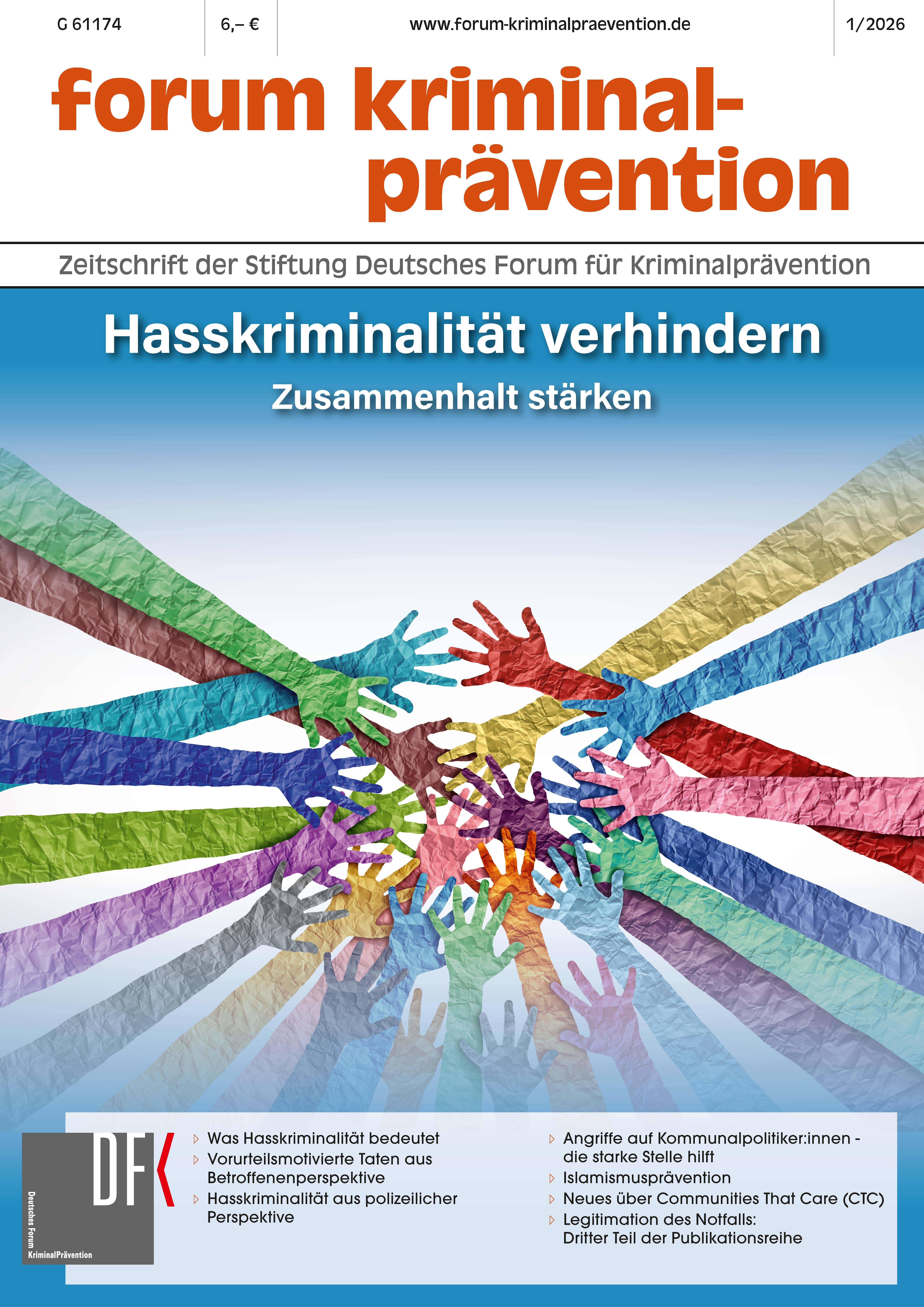 Viele bunte Papierstreifen, die in Form von Händen ausgeschnitten sind, legen sich schützend um den M ittelpunkt des Covers.